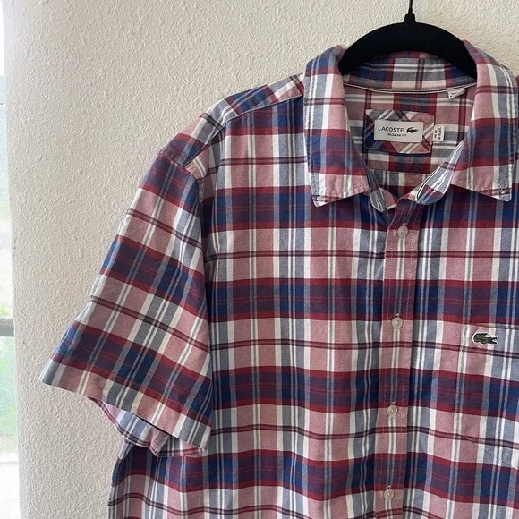 Lacoste Men's Shirt Size 45 (XL/2XL) Cotton Plaid Short Sleeve Collared Preppy - Picture 6 of 13
